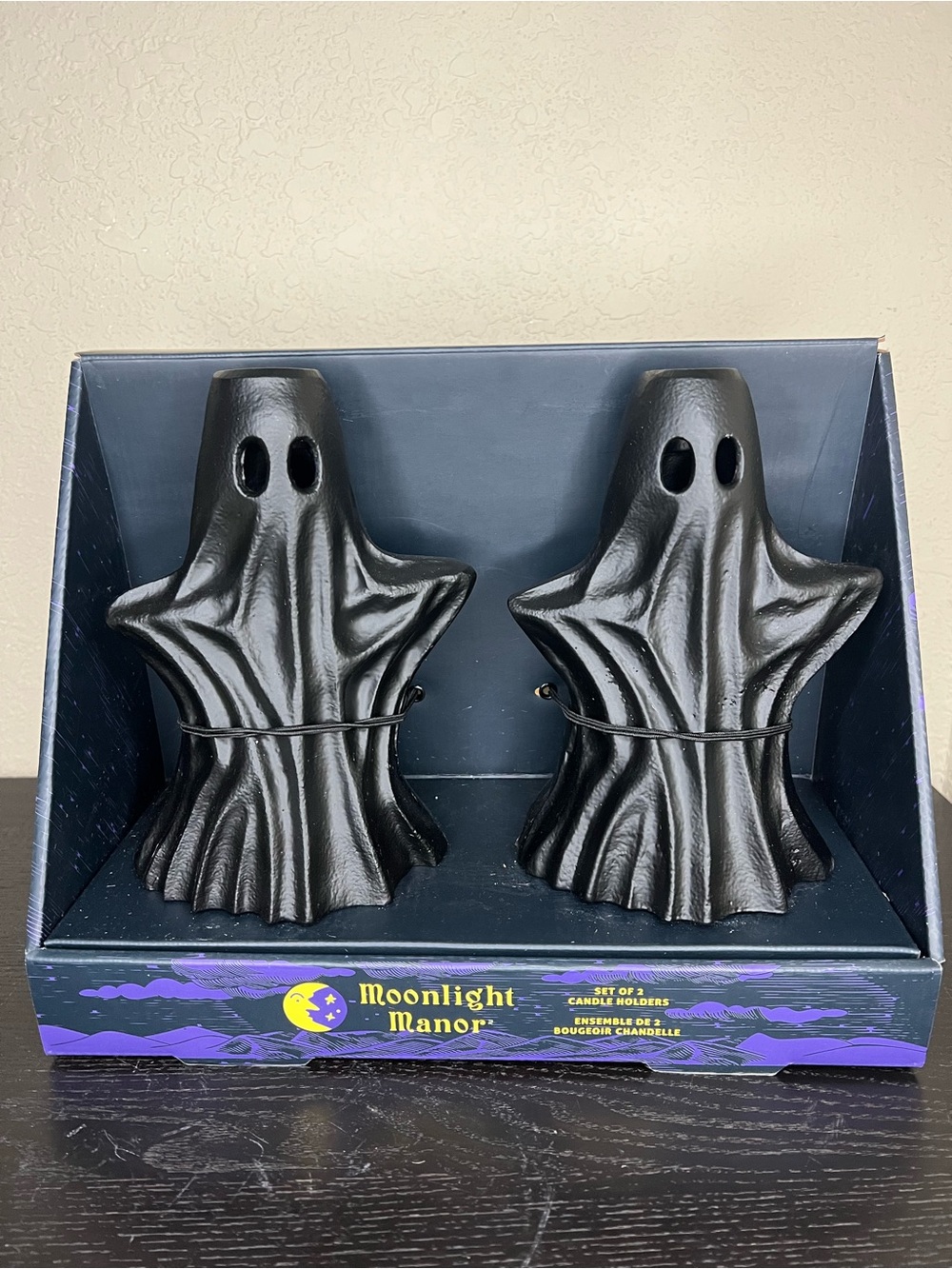 NEW Moonlight Manor Halloween Black Metal Ghost Taper Candle Holders